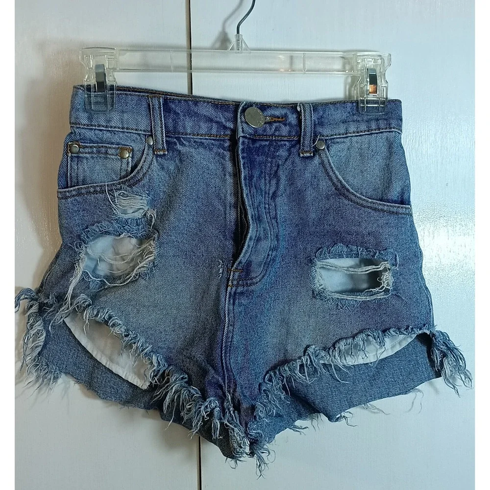 Signature 8 Distressed Button Fly High Waist Denim Shorts Blue Y2k Cheeky Size S